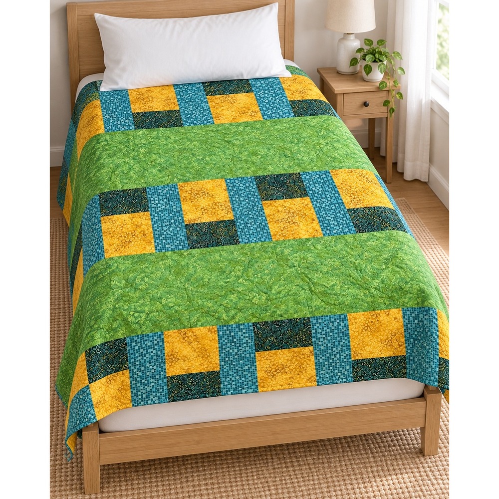 Patchwork Twin Quilt Green Teal Yellow Botanical Geometric 64x78